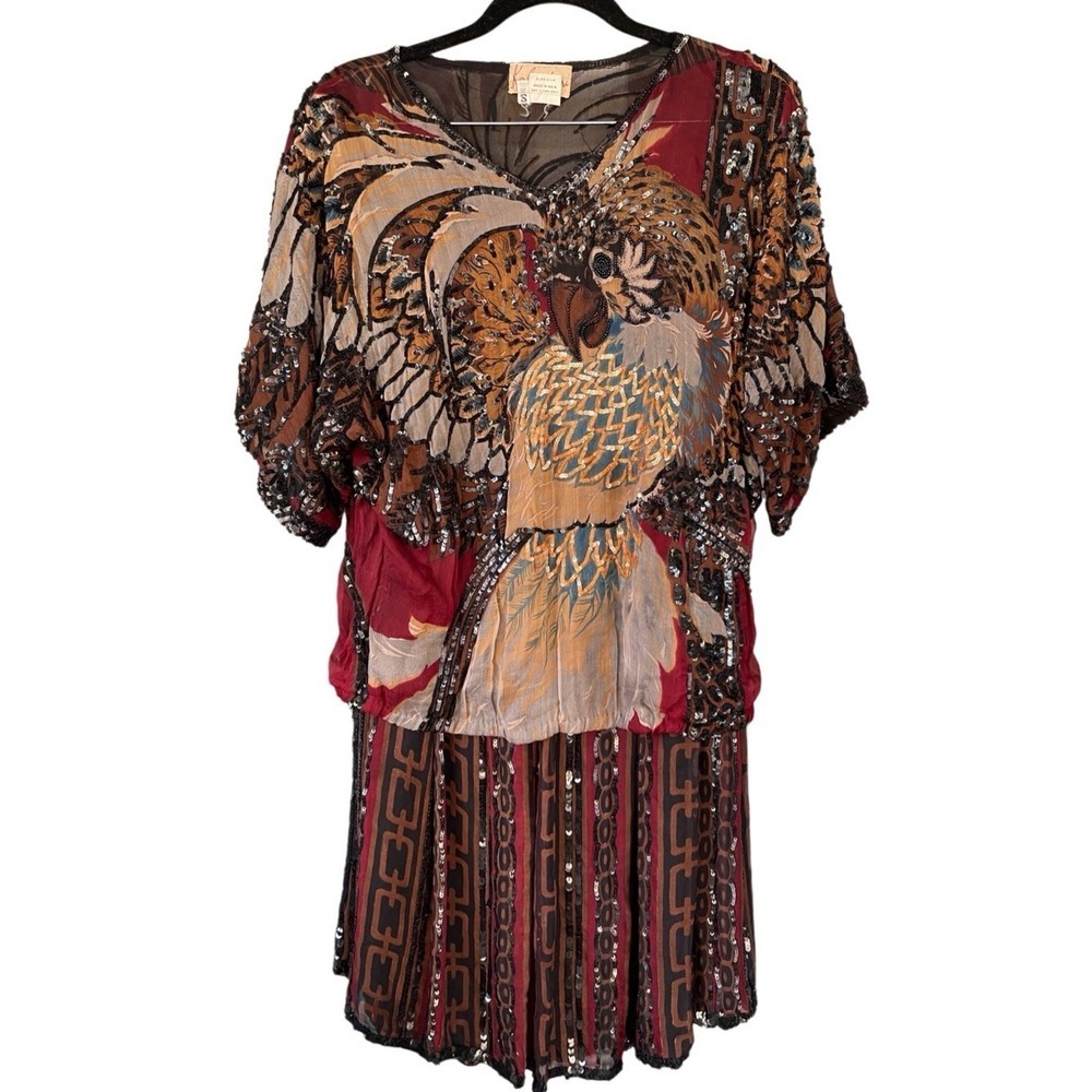 T2 VTG Kalamkari‎ Silk Sequin 2 Piece Blouse Skirt